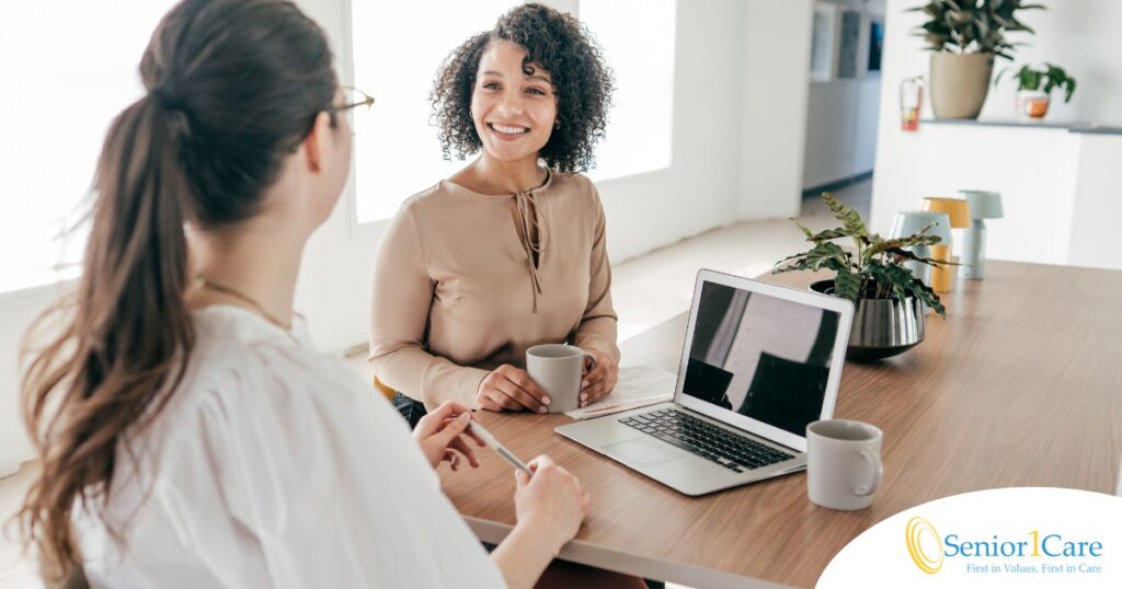 A woman interviews for a job position representing one of the steps during which a caregiver should be evaluating if an agency is a good fit.