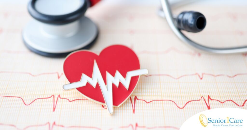 A heart symbol with an electrocardiogram line, an electrocardiogram sheet, and a stethoscope represents heart health.