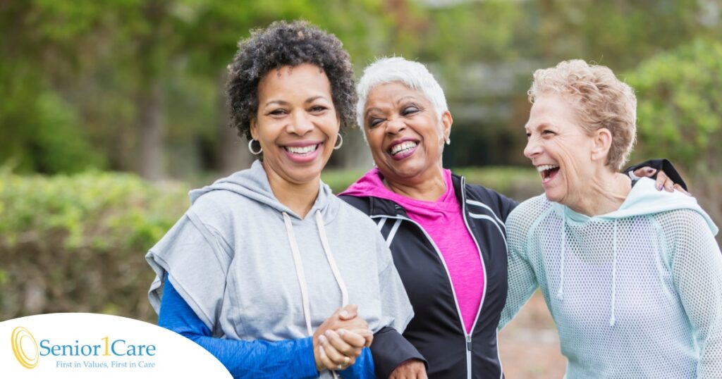 3 older women enjoy their time staying active together representing how a longer healthspan can help with staying active and engaged longer.